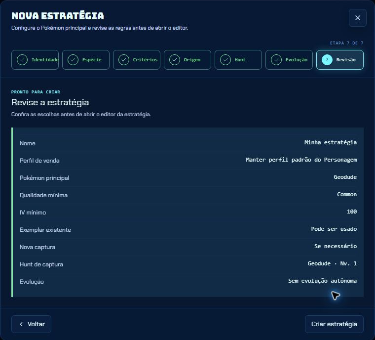 Tela real de revisão de uma Estratégia no Console, com Pokémon, critérios e Hunt selecionados